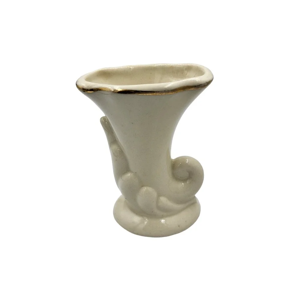Vintage MCM Ceramic Pottery Cornucopia Vase White w/ Gold Leaf Rose Accents‎